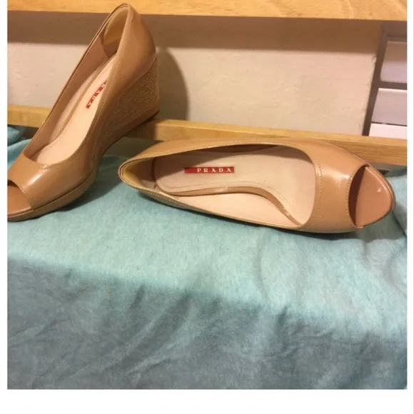 Authentic PRADA Women Patent Leather Wedge size 6.5